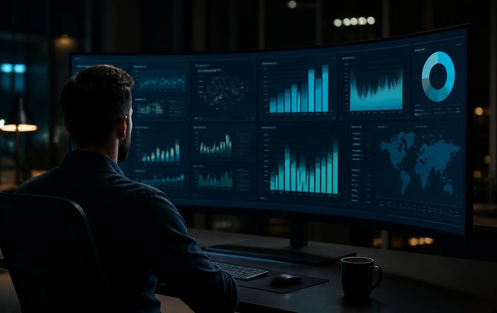 Analyst reviewing enterprise reporting dashboards on a wide monitor